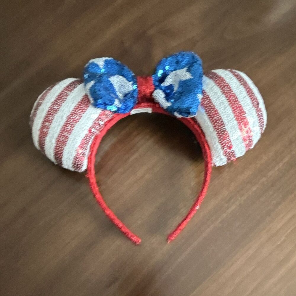 Disney Minnie Mouse USA Sequined Ears Bow Headband Striped Red/White/Blue